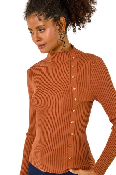 Dusk Mocha High Neck Button Detail Rib Jumper