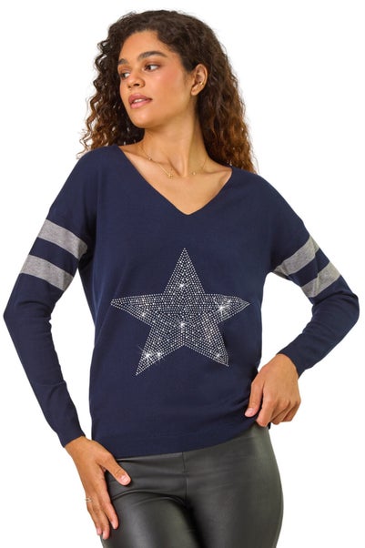 Roman Midnight Blue Star Embellished Knit Jumper