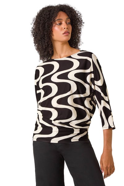 Roman Black Swirl Print Stretch Top