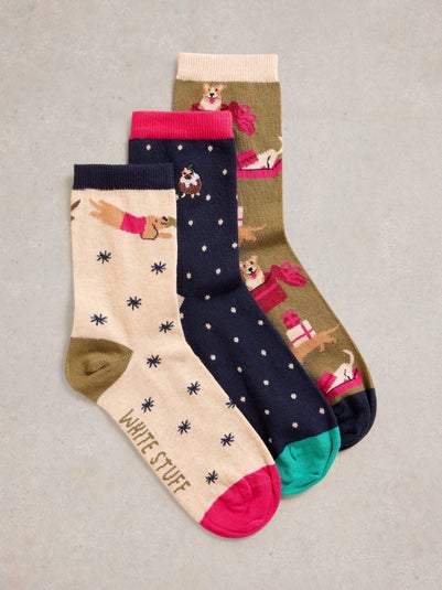 3er-Pack Socken mit weihnachtlichem Hundemotiv