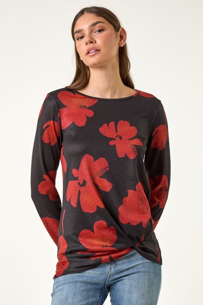 Roman Red Floral Print Stretch Hem Top