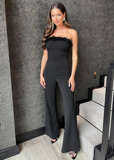 AX Paris Black Strapless Faux Feather Detail Jumpsuit