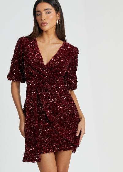 Quiz Red Sequin Wrap Mini Dress