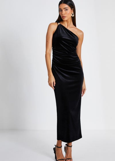 Quiz Black Velvet One Shoulder Midaxi Dress