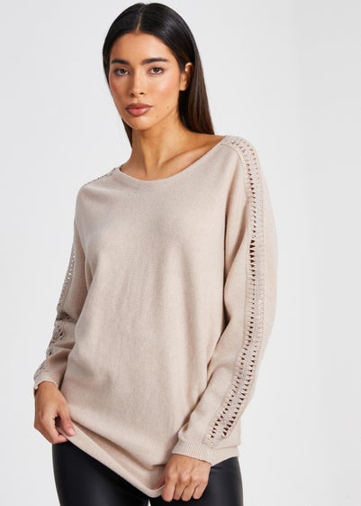 Quiz Stone Knit Diamante Sleeve Jumper