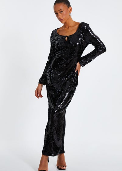 Quiz Black Sequin Tie Front Maxi Dress