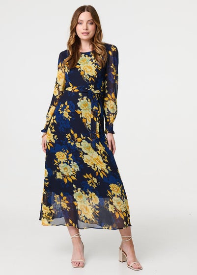 Izabel London Navy Floral Long Sleeve Chiffon Midi Dress