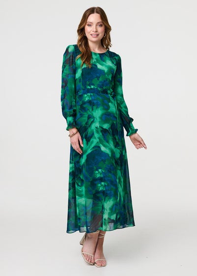 Izabel London Green Printed Long Sleeve Chiffon Midi Dress