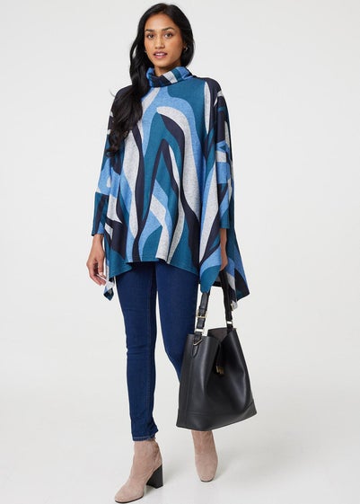 Izabel London Blue Printed Roll Neck Oversized Tunic Top