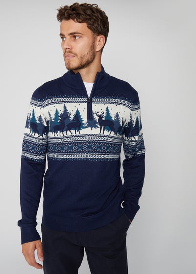 Threadbare Navy Quarter Zip Christmas Knitted Jumper