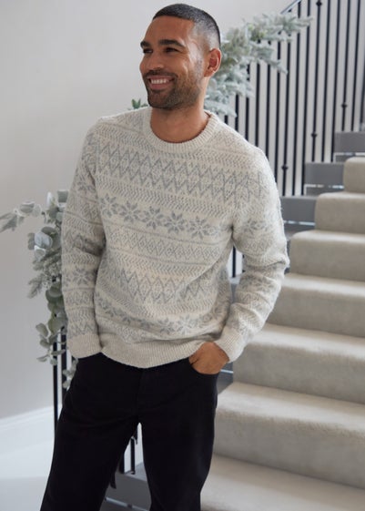 Threadbare Light Grey Fairisle Crew Neck Christmas Jumper