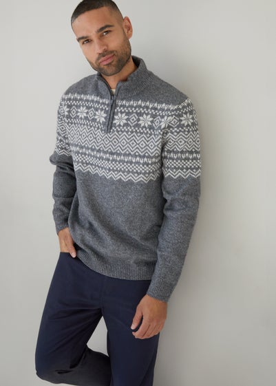 Threadbare Charcoal Fairisle Quarter Zip Christmas Jumper