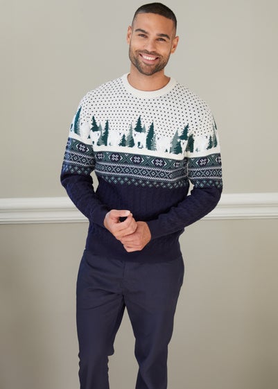 Threadbare Navy Cable Knit Fairisle Christmas Jumper