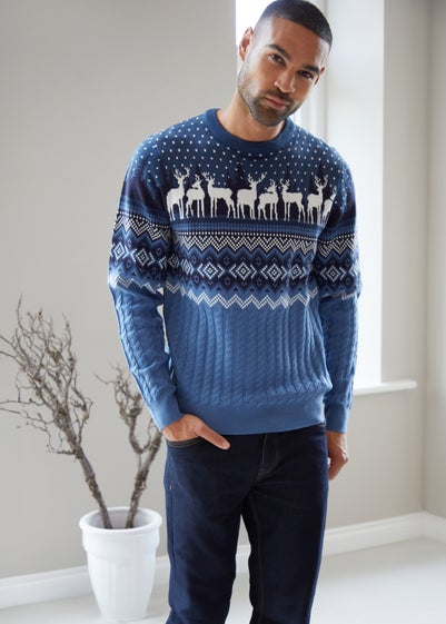 Threadbare Blue Cable Knit Fairisle Crew Neck Christmas Jumper