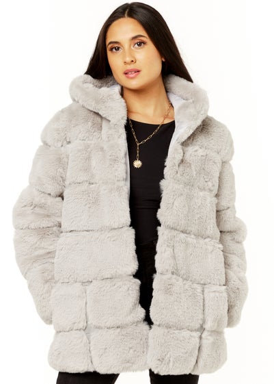 Gini London Silver Horizontal Cut Fur Hooded Jacket