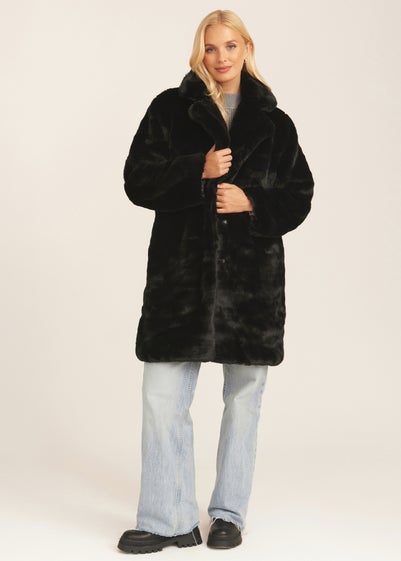 Gini London Black Faux Fur Lapel Collar Coat