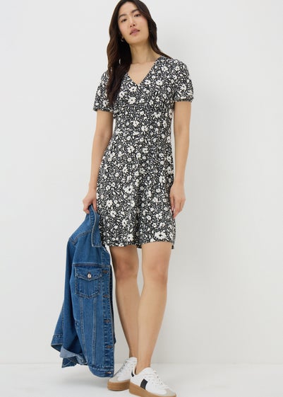 Black Ditsy Floral Mini Tea Dress