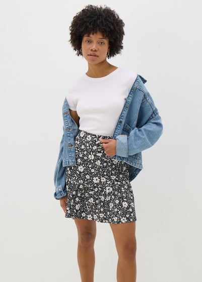 Black Mono Ditsy Floral Mini Skirt