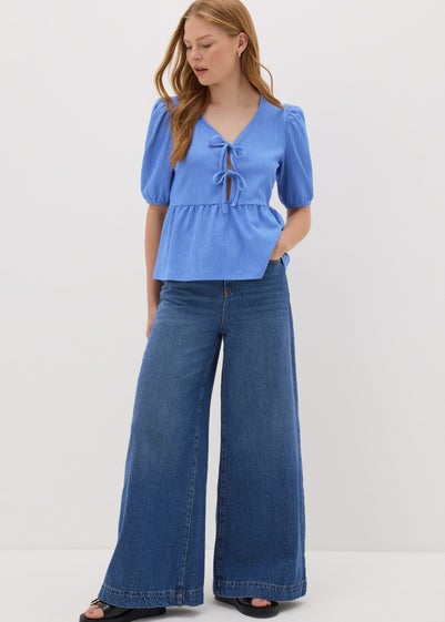 Blue Textured Tie Front Top