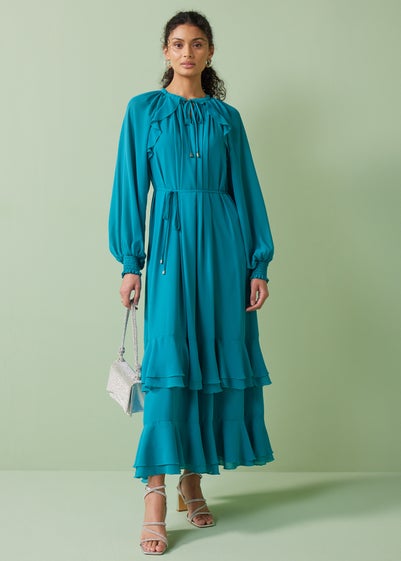 Et Vous Blue Frill Chiffon Maxi Dress