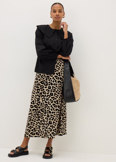 Brown Leopard Print Flared Hem Midaxi Skirt