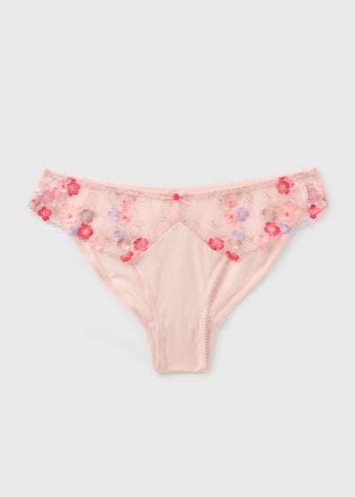 Pink Embroidered Floral Brazilian Knickers