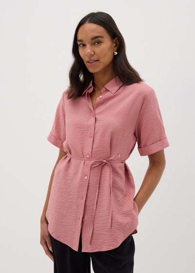 Rose Pink Tie Waist Longline Shirt