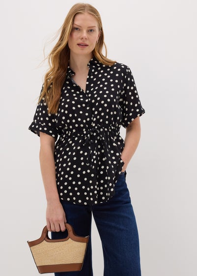 Black Spot Tie Waist Longline Shirt