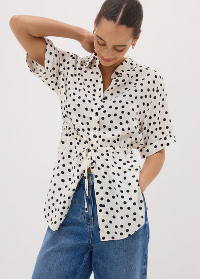 Cream Spot Tie Waist Longline Shirt