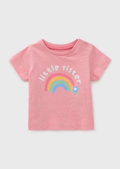 Girls Pink Little Sister Rainbow T-Shirt (Newborn-23mths)