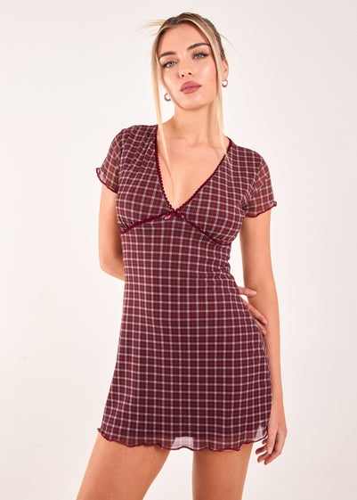 Pink Vanilla Burgundy Check Cap Sleeve Mini Dress