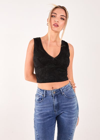 Pink Vanilla Black V Neck Lace Crop Top