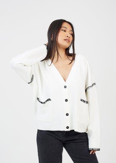 Brave Soul Ivory Contrast Stitch Button Through V-neck Cardigan