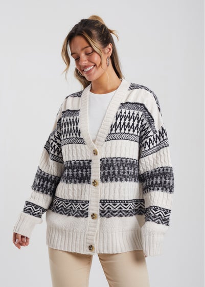 Brave Soul Stone Button Through Fairisle Stripe Cardigan