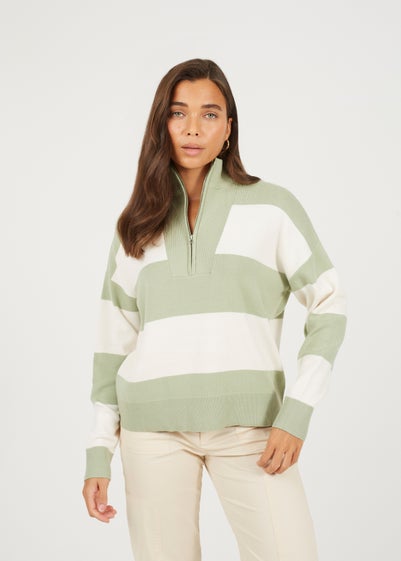 Brave Soul Soft Green Striped Half Zip Knitted Jumper