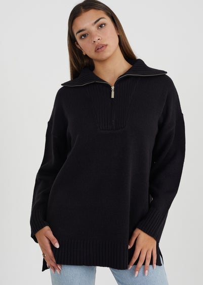 Brave Soul Black Oversized Zip Collar Knitted Jumper