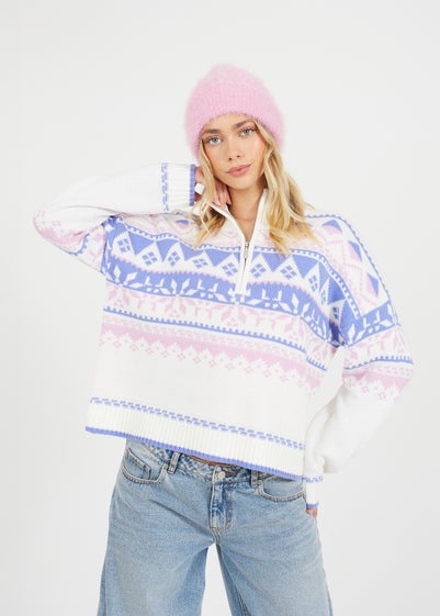 Brave Soul White Fairisle Half Zip Christmas Jumper