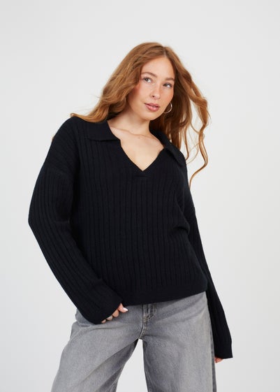 Brave Soul Black Ribbed Trophy Neck Knited Jumper