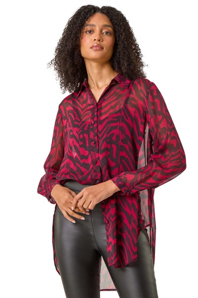 Roman Red Collared Animal Print Blouse