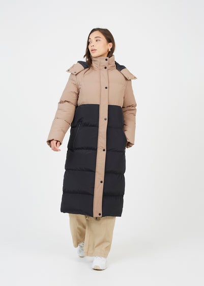 Brave Soul Tan Maxi Contrast Hooded Puffer Jacket