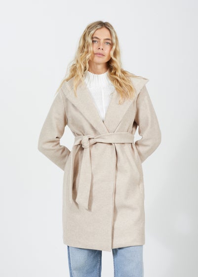 Brave Soul Beige Longline Hooded Coat with Belt