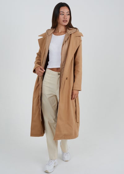 Brave Soul Camel Faux Wool Maxi Hooded Trench Coat