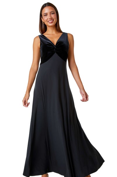 Roman Black Velvet Twist Front Maxi Stretch Dress