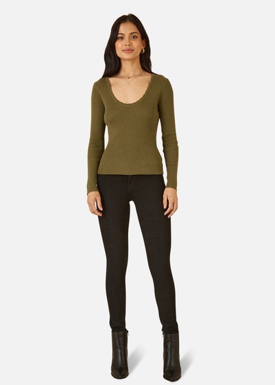 Yumi Green Metallic Knitted Ribbed Top