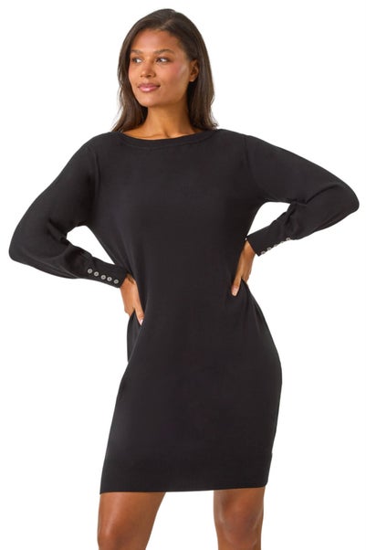 Roman Black Button Detail Slash Neck Knitted Stretch Dress