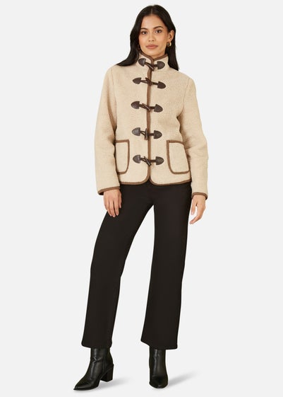 Yumi Cream Borg Jacket With Faux Leather Button Details