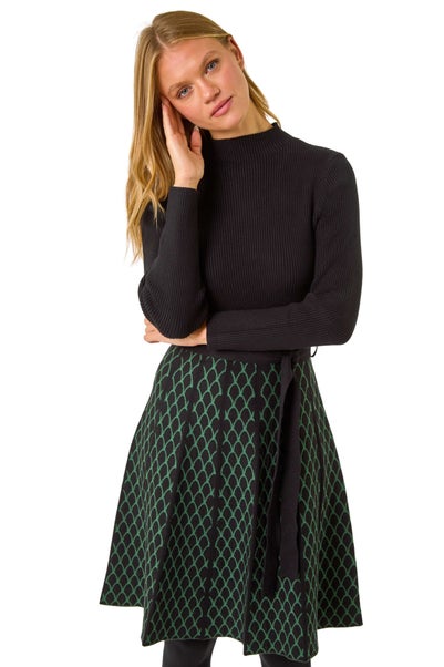 Roman Forest Green Contrast Skirt Knit Jacquard Dress