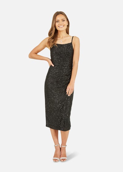 Mela Black Sequin Fitted Wrap Midi Dress