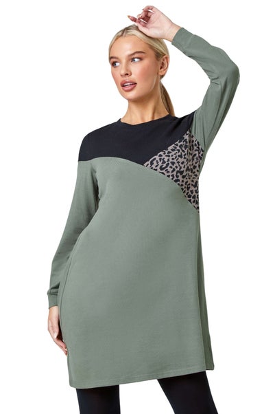 Roman Khaki Petite Leopard Print Colour Block Knit Dress