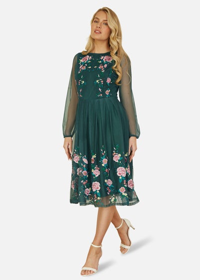 Yumi Green Embroidered Long Mesh Sleeve Prom Skater Dress